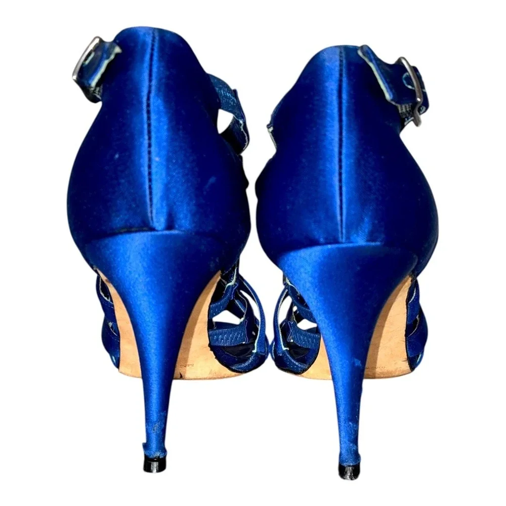 Manolo Blahnik Blue Satin Strappy Cage‎ Sandals Heels EU 37 Made in Italy